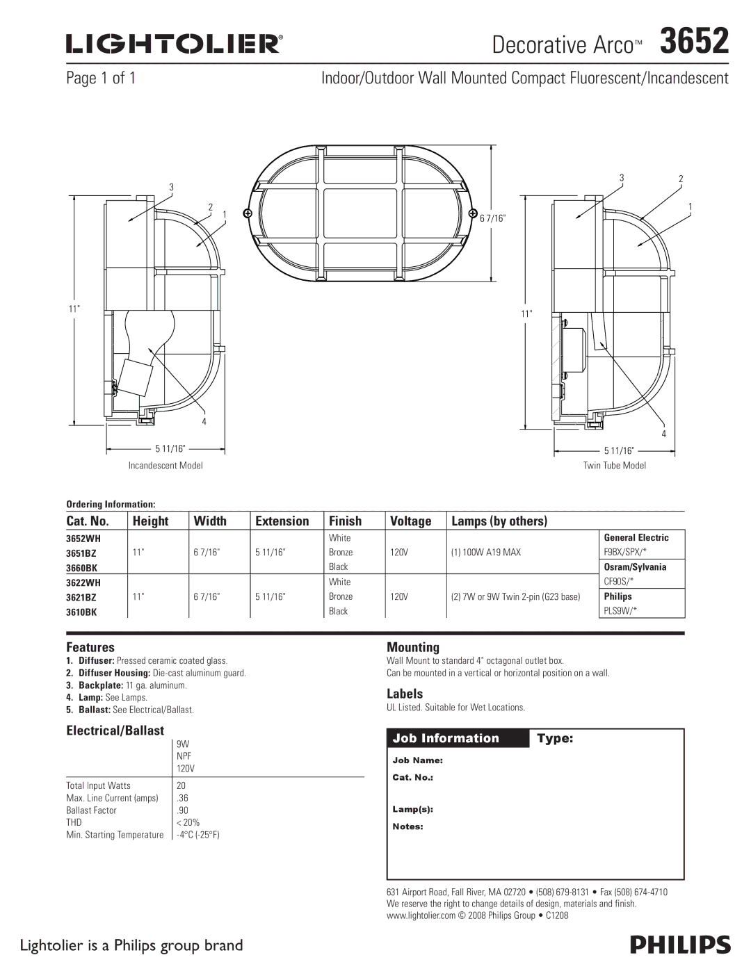 Lightolier 3652 manual Decorative Arco , Features, Mounting, Labels, Electrical/Ballast 